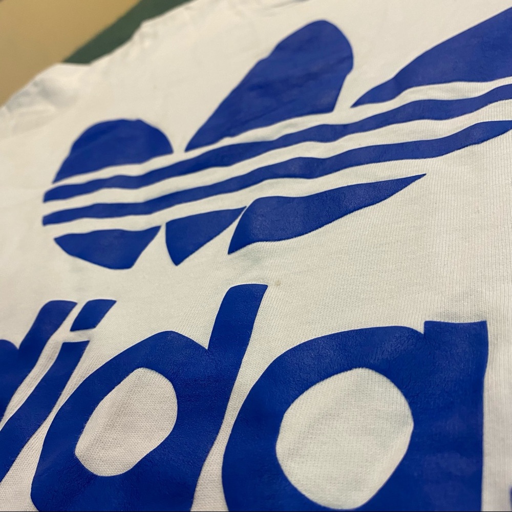 Oversized White Adidas Tee w/ Blue Trefoil Logo Puff Print - Picture 2 of 3